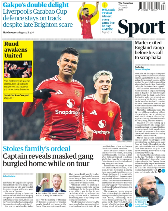 Lead sport page of the Guardian on 31 October 2024