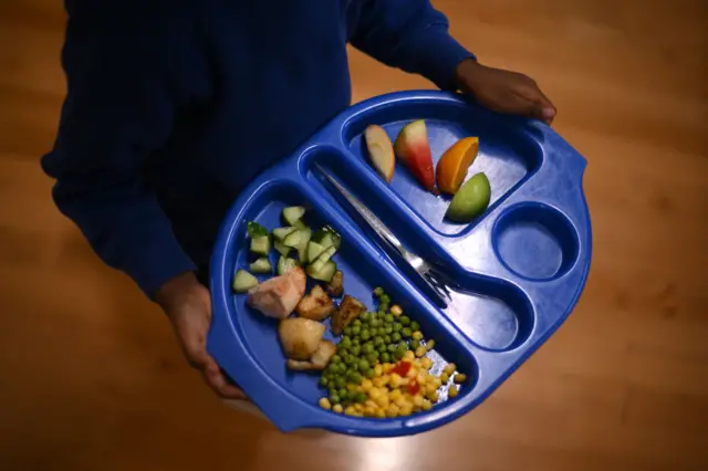 Overhead image of a child carrying a blue school lunch tray with fruit and vegetables served