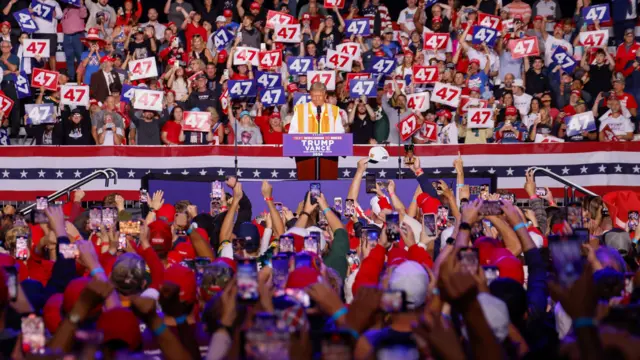 Former US President and Republican Presidential Candidate Donald J. Trump speaks during a campaign event at Resch Center in Green Bay, Wisconsin, USA