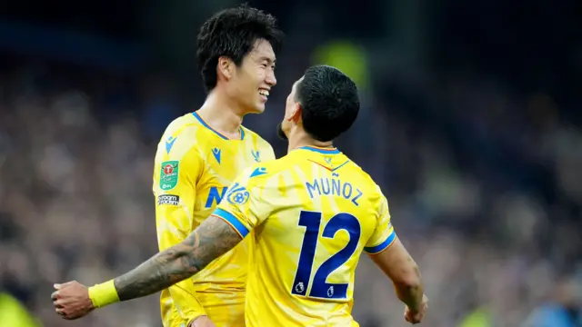 Daichi Kamada is congratulated by Daniel Munoz after scoring for Crystal Palace against Aston Villa