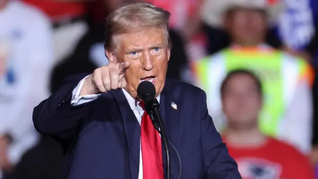 Donald Trump stands at a podium and points into the crowd.