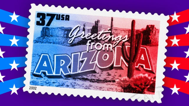 An image of a blue and red-tinted Arizona postage stamp over a purple background with white stars and blue and red stripes. The stamp features a canyon landscape with a cactus in the forefront and an inscription that reads 'Greetings from Arizona'.