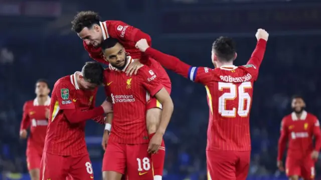 Liverpool players celebrating after a Cody Gakpo goal against Brighton