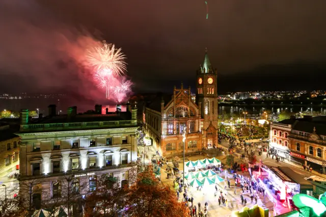 derry city centre pictured from a drone at halloween