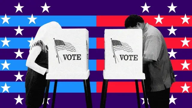 Stylised image of a woman and a man at voting booths in front of a stars and strips background.