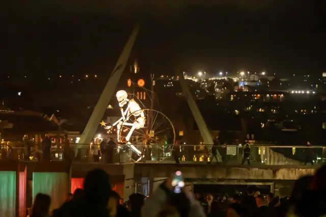 a view of derrys peace bridge on halloween