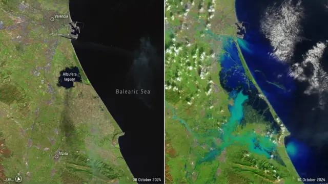 A side-by-side of two satellite images showing flood damage in the Valencia region