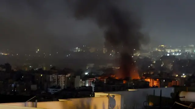 Smokes and flames rise over Dahieh area after the Israeli army carried out airstrikes in the south of the capital Beirut, Lebanon