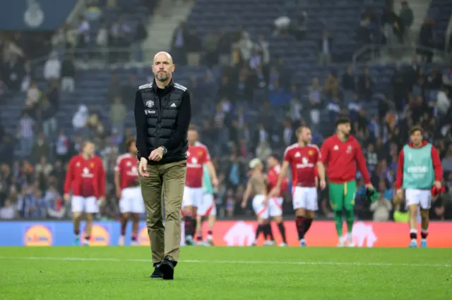 Erik ten Hag walks on the pitch after the 3-3 draw with Porto