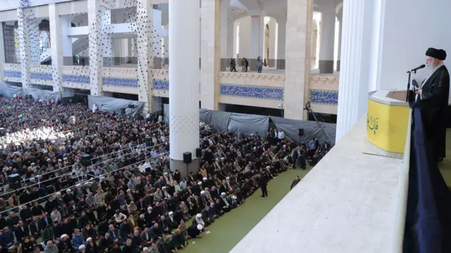 A handout photo made available by the Iranian Supreme Leader office shows Supreme Leader of Iran Ayatollah Ali Khamenei speaking during the Friday prayer ceremony in Tehran, Iran, 04 October 2024.