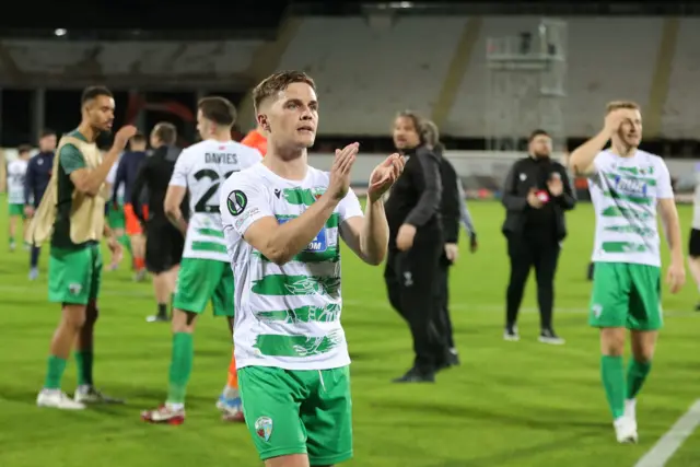 The New Saints' Joshua Daniels claps supporters after their 2-0 defeat at Fiorentina