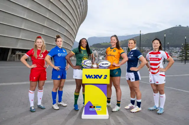 Hannah Jones of Wales, Elisa Giordano of Italy, Nolusindiso Booi of South Africa, Michaela Leonard of Australia, Rachel Malcolm of Scotland and Iroha Nagata of Japan during the Captain's Photocall ahead of WXV 2