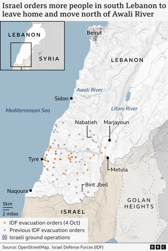 BBC map showing IDF evacuation orders in southern Lebanon. The orange dots show the orders given on 4 October, with previous orders shown in grey. The purple line show where the IDF's ground operations are happening.