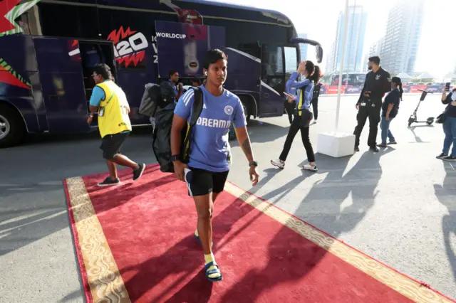 Deepti Sharma of India arrives at the stadium