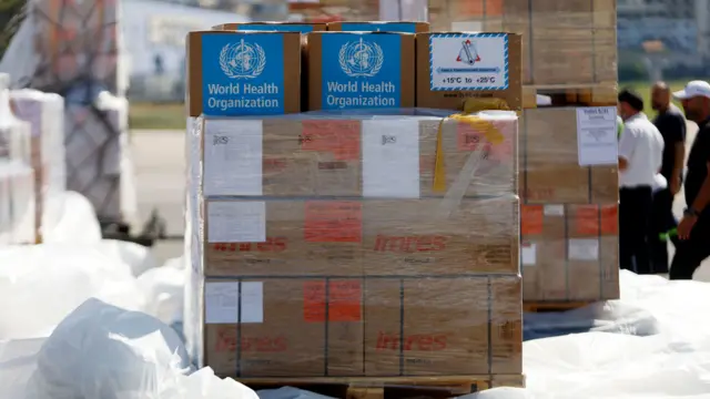 Pallets of aid boxes. Two boxes of the World Health Organization written on them