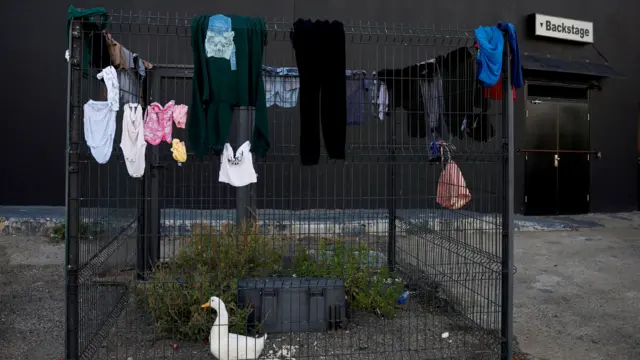 Clothes hang on fences. A duck walks beneath