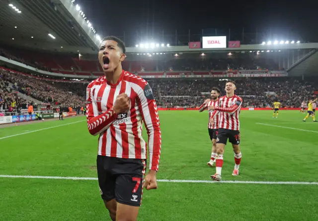 Jobe Bellingham of Sunderland celebrates after he opens the scoring