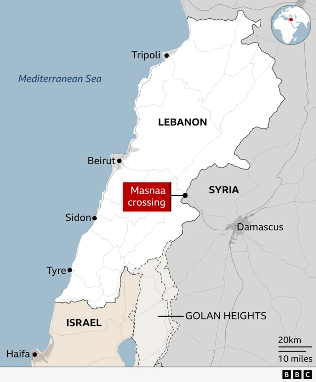 A map locates the Masnaa crossing on the border between central Lebanon and Syria