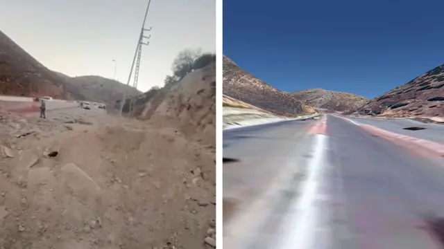 Two pictures side-by-side of damage following a strike near the main Lebanon-Syria border crossing. On the left is a deep crater that spans the entire width of the road. On the right is the undamaged road.