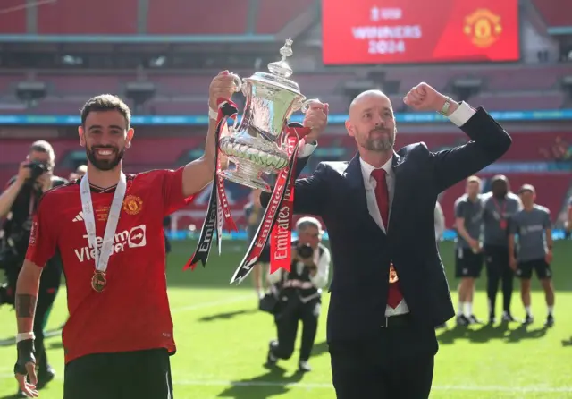 Erik ten Hag celebrates with the FA Cup