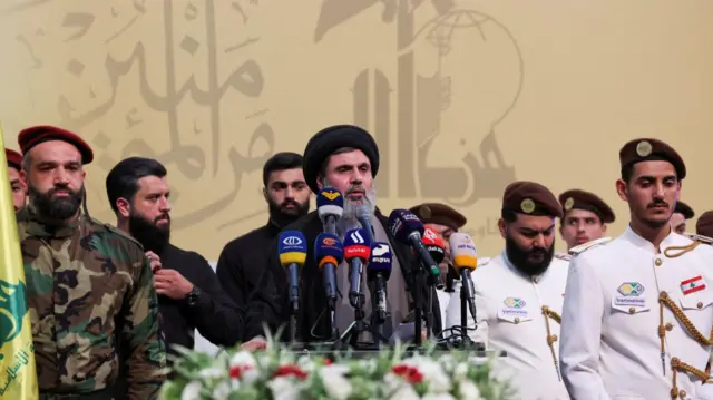 Senior Hezbollah official Hashem Safieddine speaks during the funeral of Mohammed Nasser. File photo