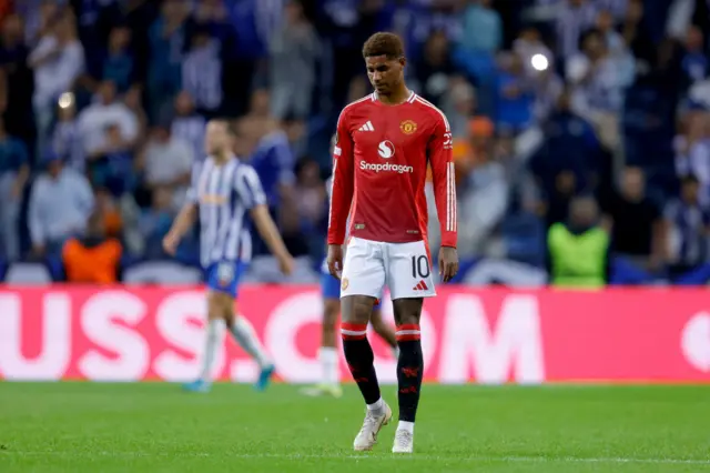 Marcus Rashford walks during the Porto game