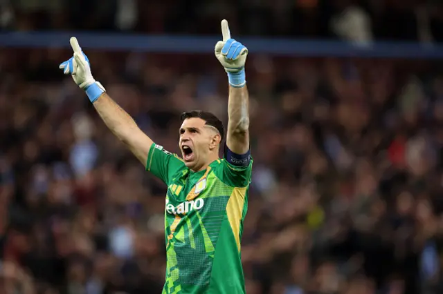 Emiliano Martínez of Aston Villa celebrates