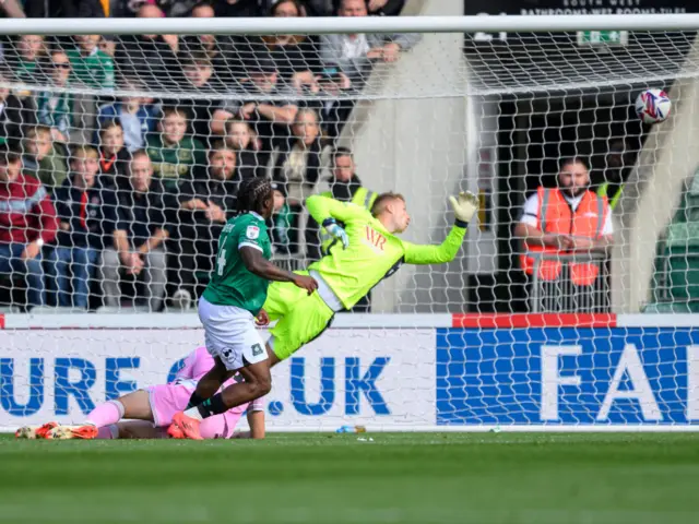 Plymouth Argyle's Michael Obafemi (left) scores the opening goal