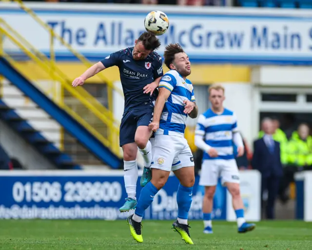 Raith Rovers' Kieran Freeman and Morton's Cammy Ballantyne in an aerial joust