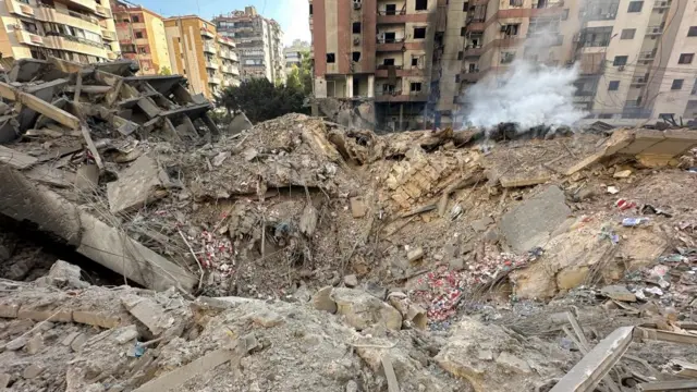 A view of damaged buildings following an Israeli strike on Dahieh