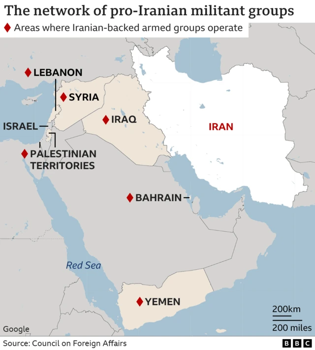 Map of the Middle East shows areas where there are pro-Iranian groups, highlighting places in Yemen, Bahrain,