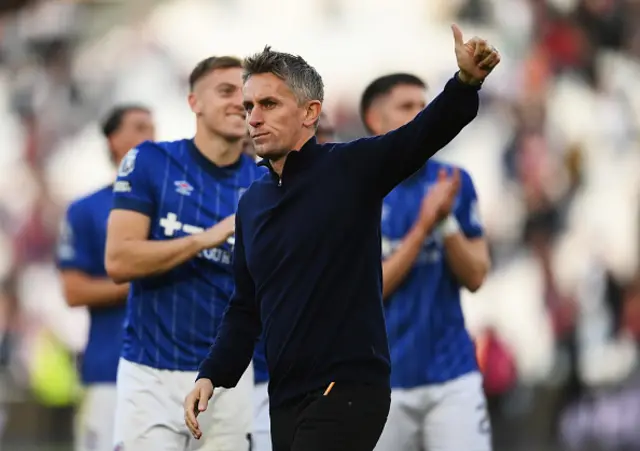 Kieran McKenna, Manager of Ipswich Town, acknowledges fans