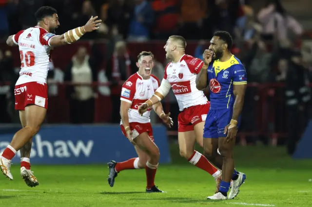 Hull KR player celebrate beating Warrington in their Super League semi-final