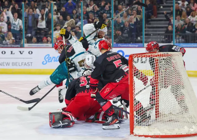 Devils Ben Bowns makes a save in the second period