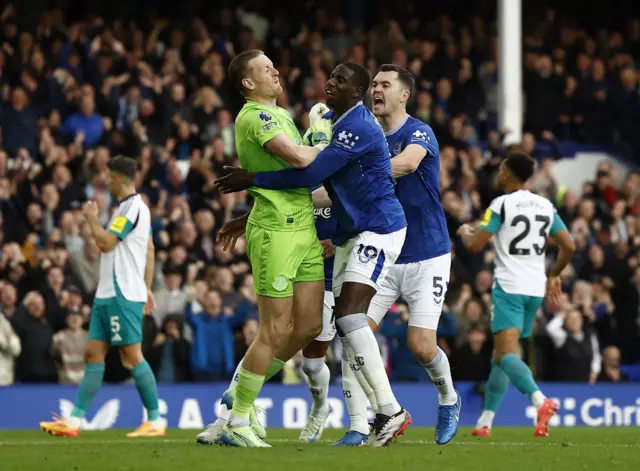 Everton's Jordan Pickford reacts after saving a penalty from Newcastle United's Anthony Gordon