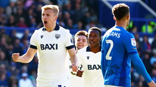 Oxford United's Louie Sibley celebrates scoring against Portsmouth