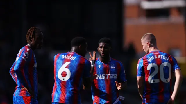 Soccer Football - Premier League - Crystal Palace v Liverpool - Selhurst Park, London, Britain - October 5, 2024 Crystal Palace's Jefferson Lerma, Crystal Palace's Marc Guehi, Crystal Palace's Trevoh Chalobah and Crystal Palace's Adam Wharton react