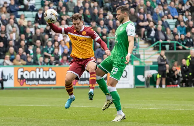 Mikola Kuhareyvich has a headed chance for Hibs against Motherwell