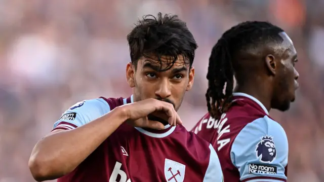 est Ham United's Lucas Paqueta celebrates scoring their fourth goal