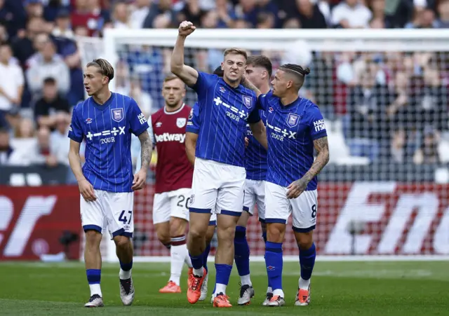 pswich Town's Liam Delap celebrates scoring their first goal with Kalvin Phillips Action