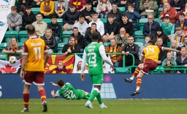 Apostolos Stamatelopoulos scores for Motherwell against Hibernian