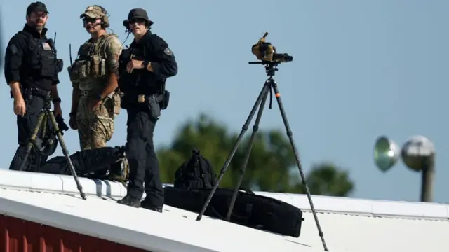 Secret Service counter snipers are on guard during a campaign rally with Republican presidential nominee, former President Donald Trump at the Butler Farm Show grounds on October 05, 2024 in Butler, Pennsylvania