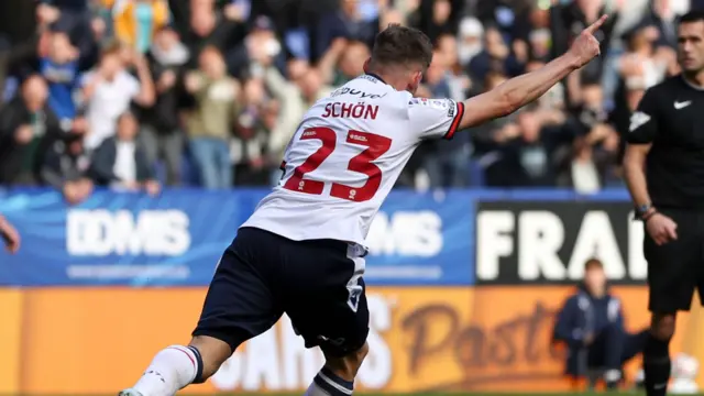 Szabolcs Schon celebrates scoring Bolton's equaliser against Shrewsbury