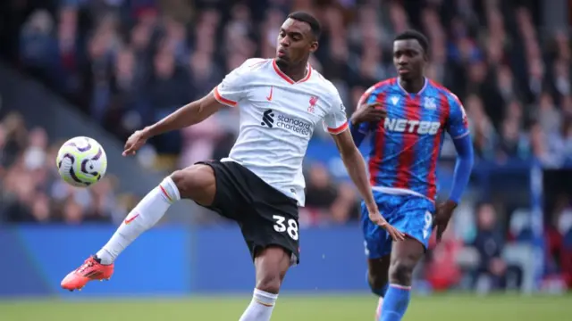 Ryan Gravenberch of Liverpool controls the ball during the Premier League match between Crystal Palace FC and Liverpool FC at Selhurst Park on October 05, 2024 in London, England.