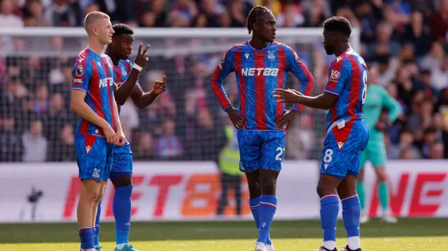 Crystal Palace's Jefferson Lerma, Crystal Palace's Marc Guehi, Crystal Palace's Trevoh Chalobah and Crystal Palace's Adam Wharton react Action