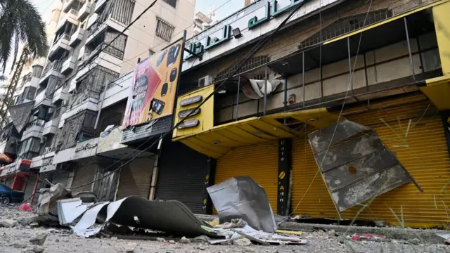 A view of damaged buildings following an Israeli airstrike in Haret Hreik Dahieh