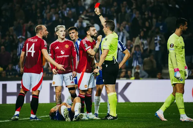 Bruno Fernandes of Manchester United is shown a red card