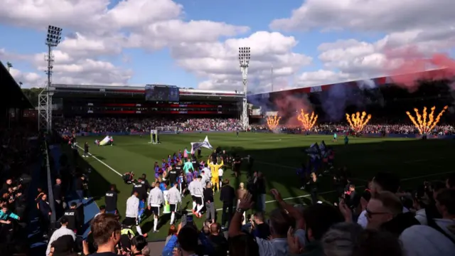 General view inside the stadium as the teams walk out prior to the Premier League match between Crystal Palace FC and Liverpool FC at Selhurst Park on October 05, 2024 in London, England.