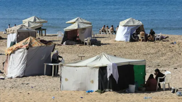 Tents are set up to be used as temporary shelters by people who fled Israeli bombardment