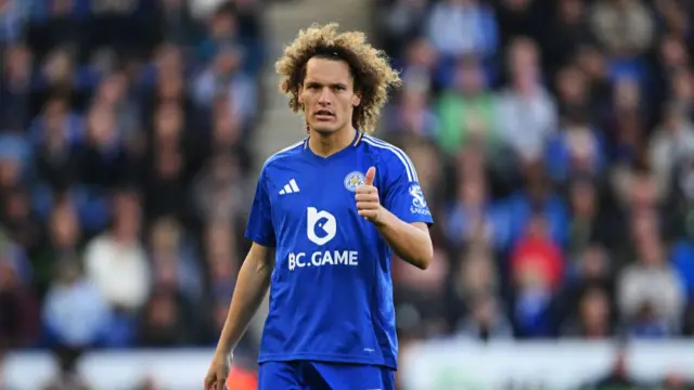 Wout Faes of Leicester City gestures during the Premier League match between Leicester City FC and AFC Bournemouth at The King Power Stadium on October 05, 2024 in Leicester, England.